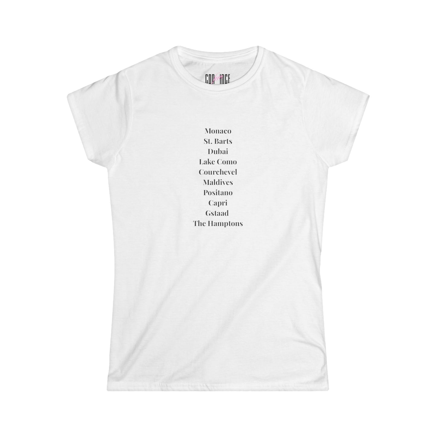 "Million Dollar Destinations" Luxury Travel Women's Softstyle Tee [Feminine Fit]