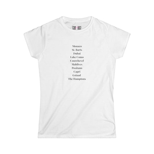 "Million Dollar Destinations" Luxury Travel Women's Softstyle Tee [Feminine Fit]